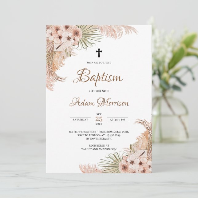Dried Palm Pampas Grass Blush Orchid Baptism Invitation (Standing Front)
