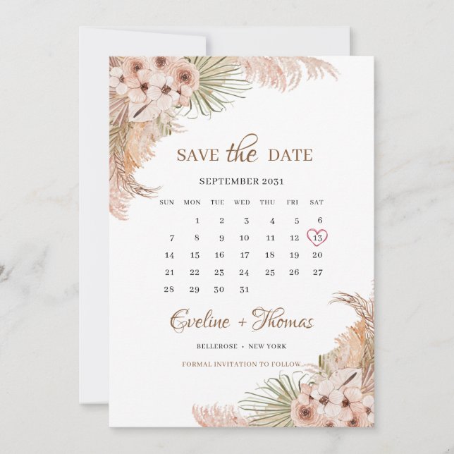 Dried Palm Pampas Grass Blush Orchid Calendar  Save The Date (Front)