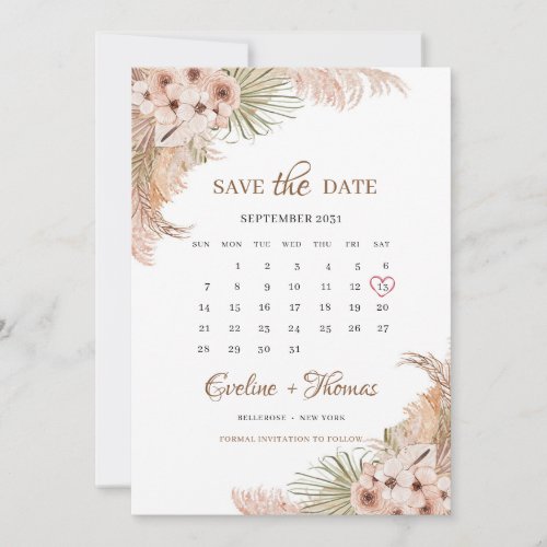 Dried Palm Pampas Grass Blush Orchid Calendar  Save The Date