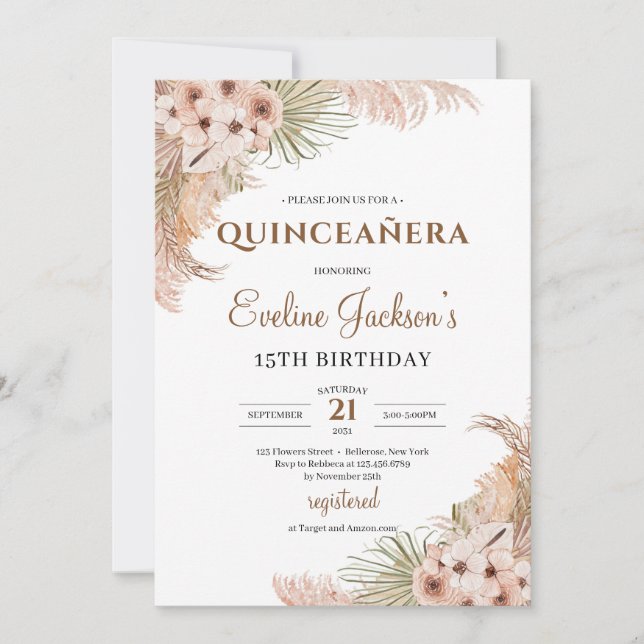 Dried Palm Pampas Grass Blush Orchid Quinceanera  Invitation (Front)