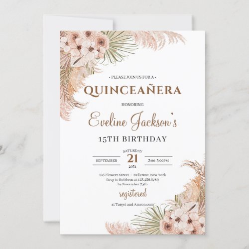 Dried Palm Pampas Grass Blush Orchid Quinceanera  Invitation
