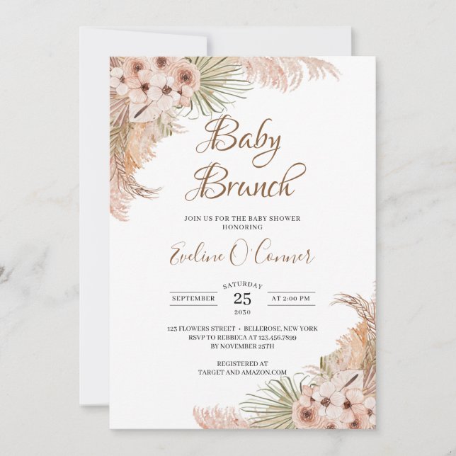 Dried Palm Pampas Grass Dusty Pink Baby Brunch Invitation (Front)