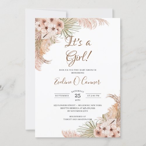 Dried Palm Pampas Grass Dusty Pink Its a Girl  Invitation