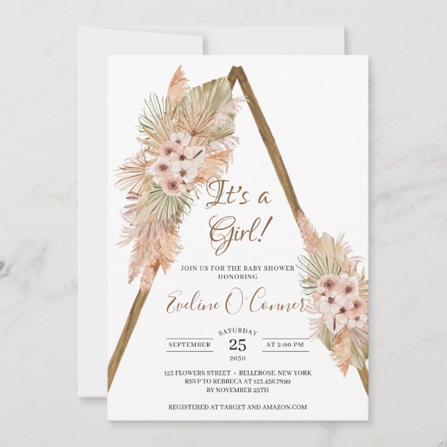 Dried Palm Pampas Grass Dusty Rose It's a Girl Invitation (Front)