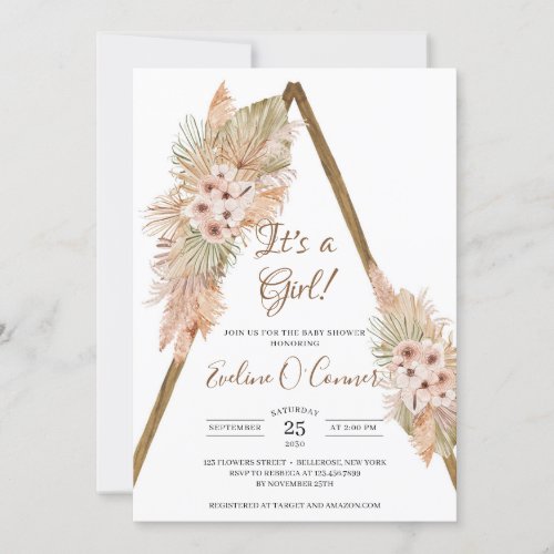 Dried Palm Pampas Grass Dusty Rose Its a Girl Invitation