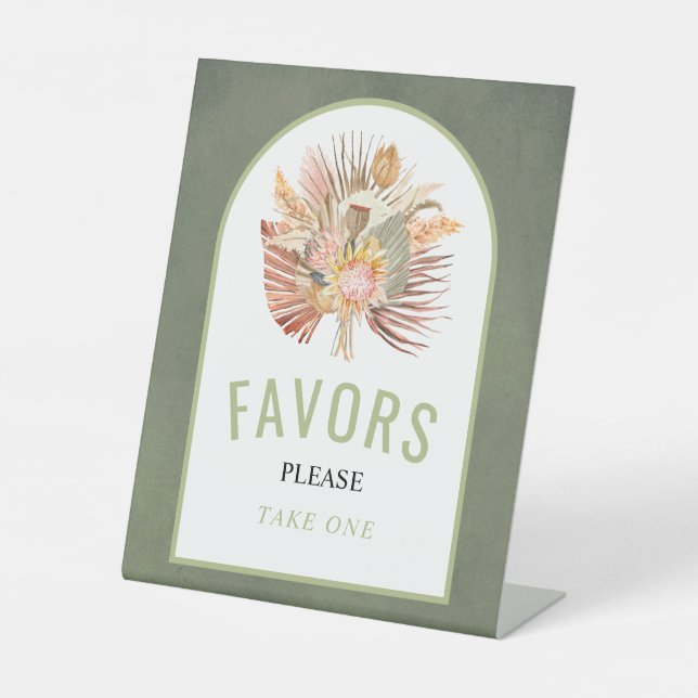 Dried palm pampas grass sage green wedding Favors Pedestal Sign (Front)