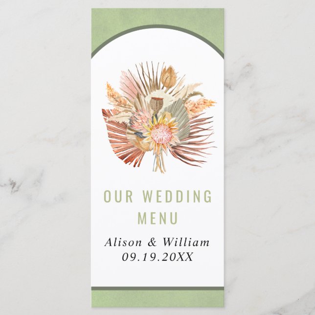 Dried palm pampas grass sage green wedding menu (Front)