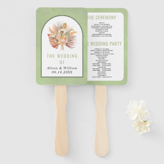 Dried palm pampas grass sage green wedding program hand fan