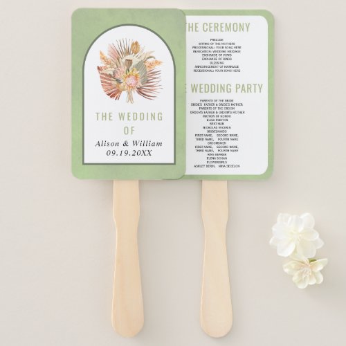 Dried palm pampas grass sage green wedding program hand fan