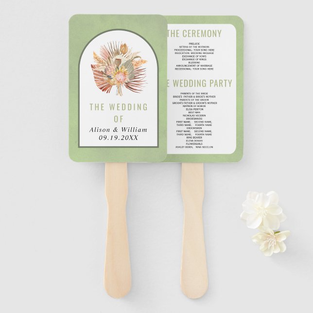 Dried palm pampas grass sage green wedding program hand fan (Front and Back)