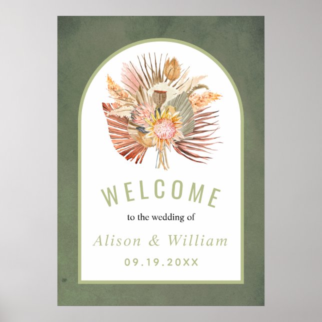 Dried palm pampas grass sage green welcome wedding poster (Front)