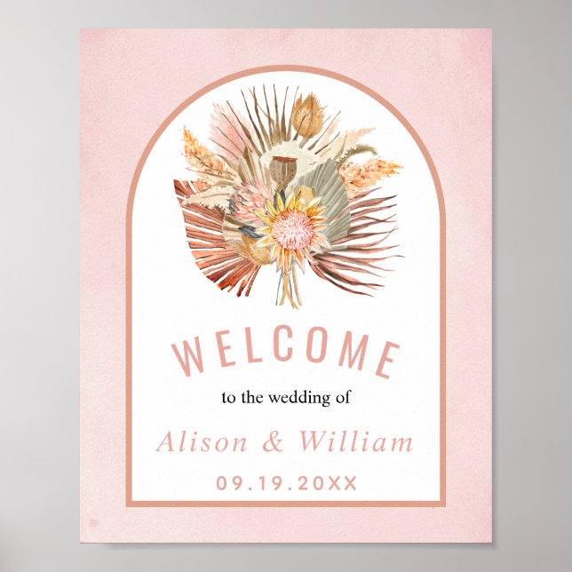 Dried palm pampas grass soft pink welcome wedding poster (Front)