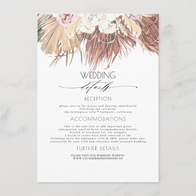 Dried Palm Tropical Foliage Wedding Information Enclosure Card (Front)