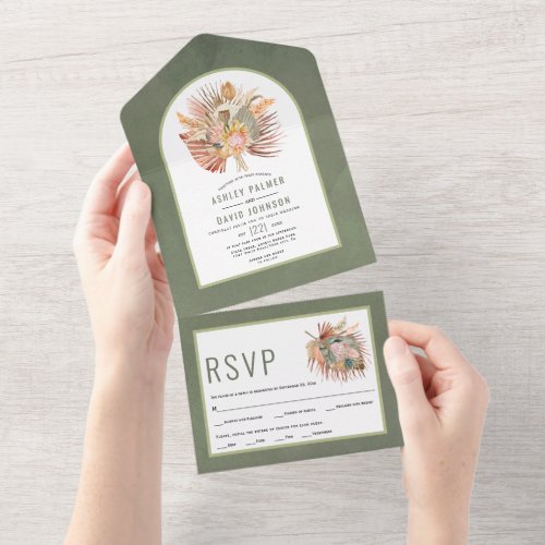 Dried palms and pampas grass green wedding    all  all in one invitation