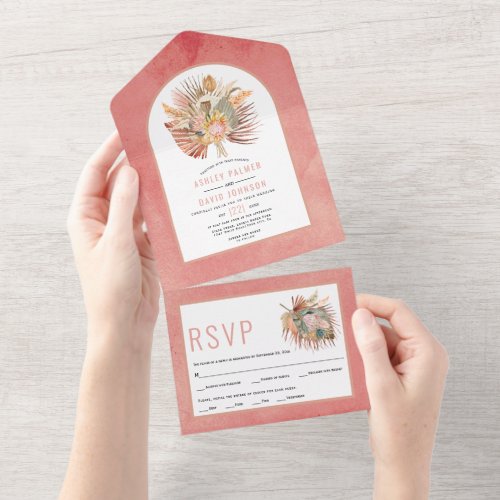 Dried palms and pampas grass pink wedding   all in all in one invitation