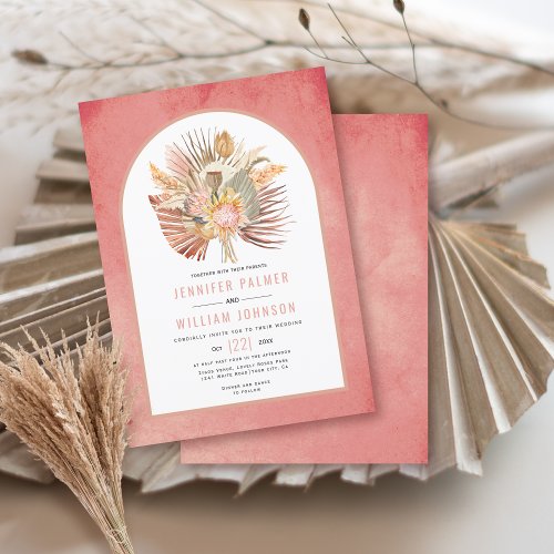 Dried palms and pampas grass pink wedding invitation