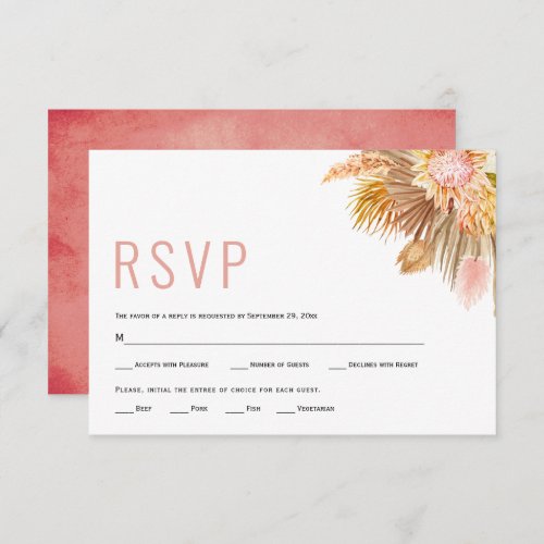 Dried palms and pampas grass pink wedding RSVP card