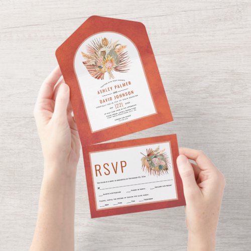 Dried palms and pampas grass rust wedding all in one invitation