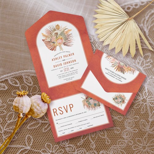 Dried palms and pampas grass rust wedding all in one invitation