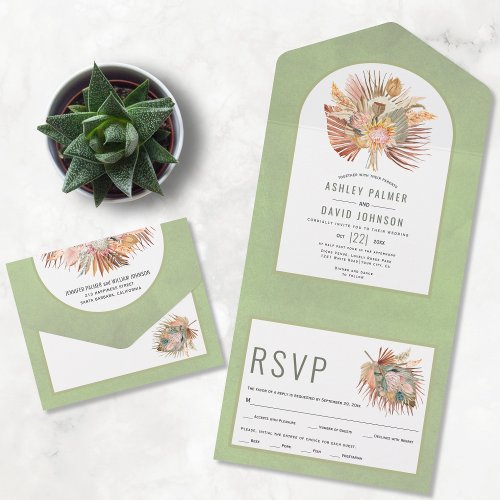 Dried palms and pampas grass sage green wedding all in one invitation