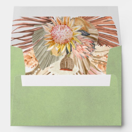 Dried palms and pampas grass sage green wedding envelope