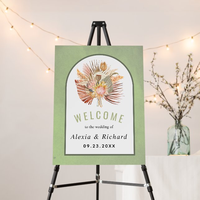 Dried palms and pampas grass sage green wedding foam board (In Situ (Stand))