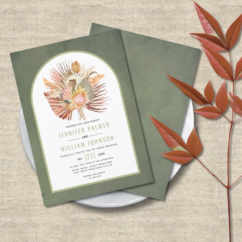 Dried palms and pampas grass sage green wedding invitation