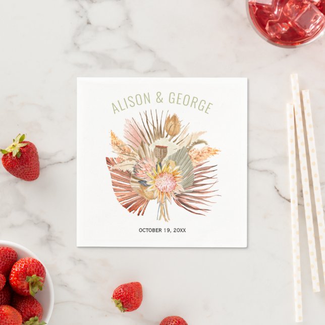 Dried palms and pampas grass sage green wedding napkins (Insitu)