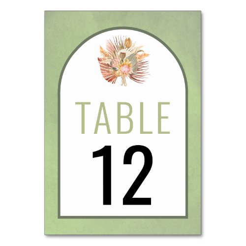 Dried palms and pampas grass sage green wedding table number