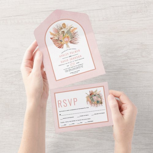 Dried palms and pampas grass soft pink wedding all in one invitation