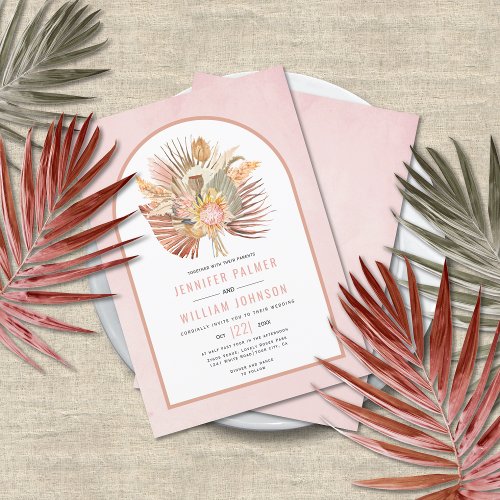 Dried palms and pampas grass soft pink wedding invitation