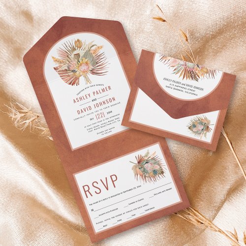 Dried palms and pampas grass terracotta wedding al all in one invitation