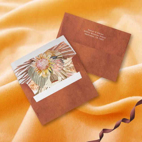 Dried palms and pampas grass terracotta wedding envelope