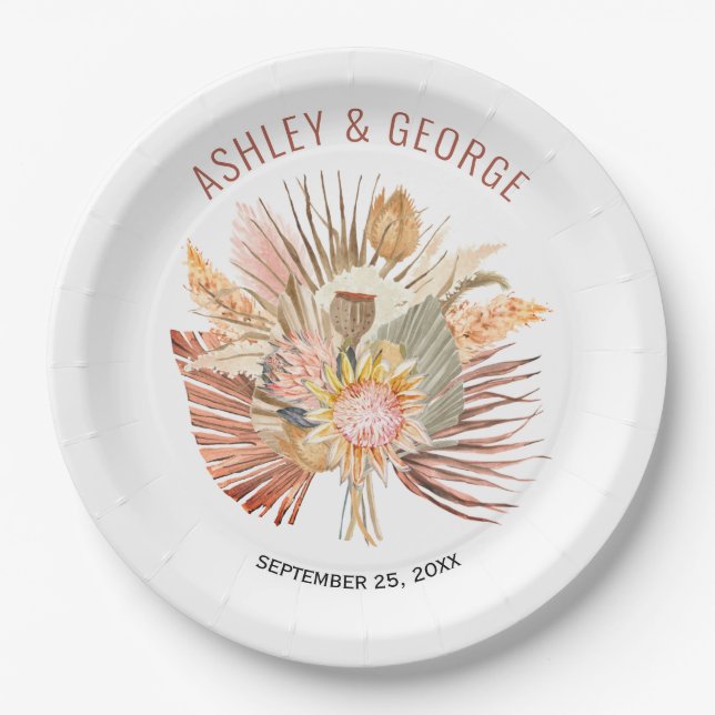 Dried palms and pampas grass terracotta wedding paper plates (Front)