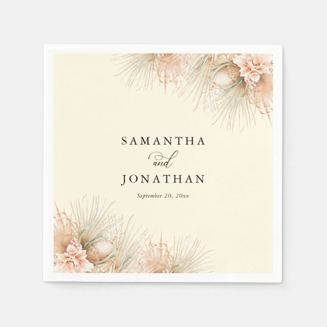 Dried Palms Blush Flowers Boho Wedding Napkins (Front)
