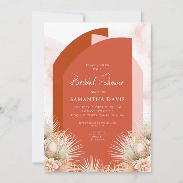 Dried Palms Boho Terracotta Bridal Shower Invitation (Front)