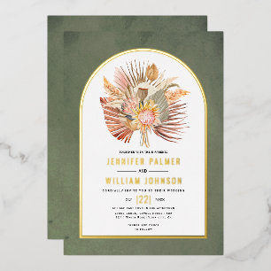 Dried palms, pampas grass green wedding real gold foil invitation