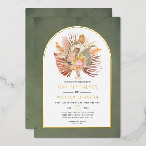 Dried palms pampas grass green wedding real gold foil invitation