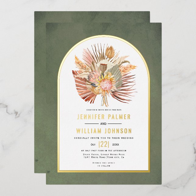 Dried palms, pampas grass green wedding real gold foil invitation (Front/Back)
