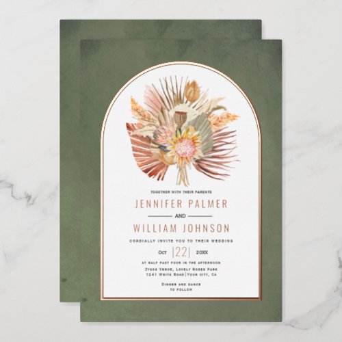 Dried palms pampas grass green wedding rose gold foil invitation