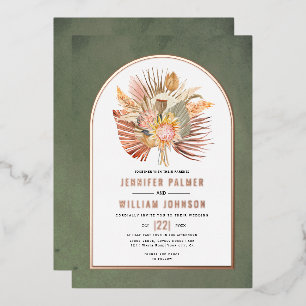 Dried palms, pampas grass green wedding rose gold foil invitation