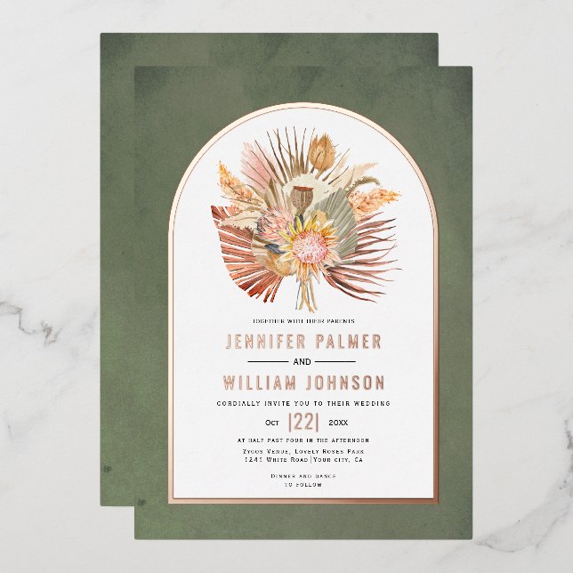 Dried palms, pampas grass green wedding rose gold foil invitation (Front/Back)