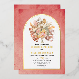 Dried palms, pampas grass pink wedding real gold foil invitation