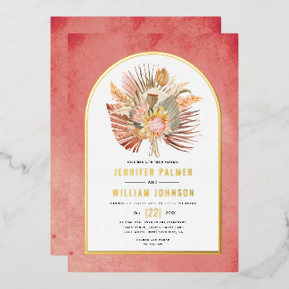 Dried palms, pampas grass pink wedding real gold foil invitation