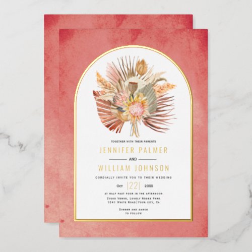 Dried palms pampas grass pink wedding real gold foil invitation