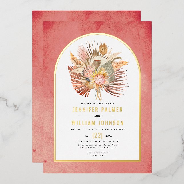 Dried palms, pampas grass pink wedding real gold foil invitation (Front/Back)