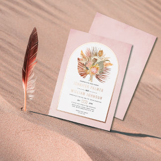 Dried palms, pampas grass pink wedding rose gold foil invitation