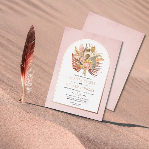 Dried palms pampas grass pink wedding rose gold foil invitation