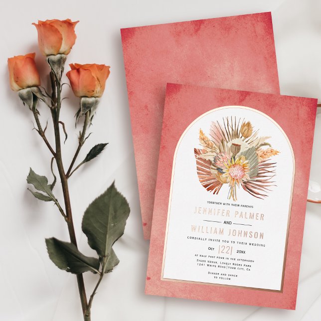 Dried palms, pampas grass pink wedding rose gold foil invitation (Creator Uploaded)