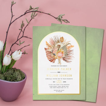 Dried Palms  Pampas Grass Sage Green Wedding Gold Foil Invitation by weddings_ at Zazzle